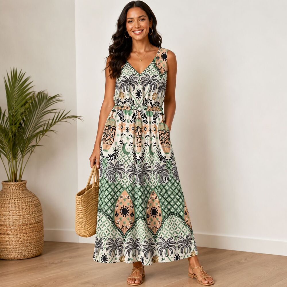 Maggy London tropical print sleeveless resort lined maxi dress size 14